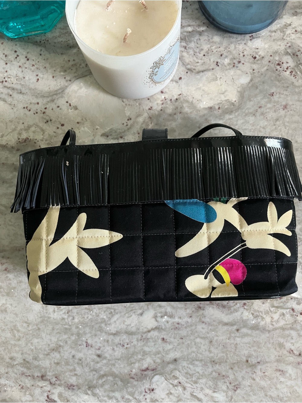CHANEL Patent Canvas Fringe/quilted floral print bag. - Picture 6 of 15